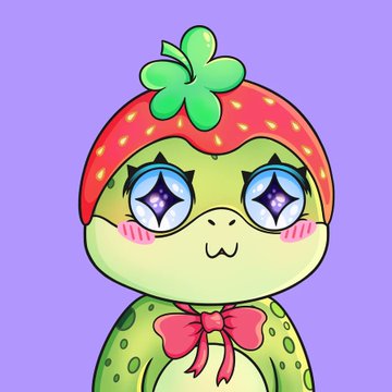 A cute cartoon turtle character wearing a strawberry hat with a clover and a pink bow tie against a purple background, representing the Moshikins_eth NFT giveaway offering 12 GTD spots for a free mint of 2,222 NFTs on the Robinhood chain.