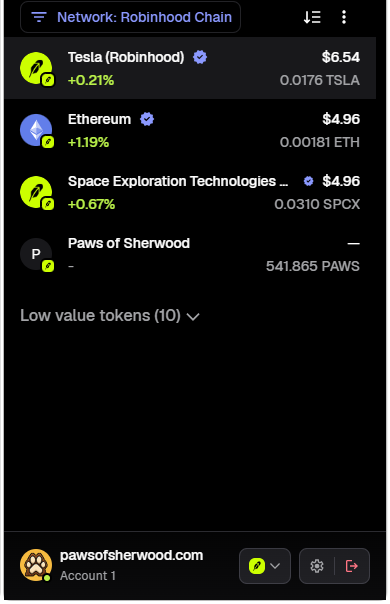 A screenshot of a Robinhood Chain network showing tokens including Tesla (TSLA) at $6.54, Ethereum (ETH) at $4.96, Space Exploration Technologies (SPCX) at $4.96, and Paws of Sherwood (PAWS).