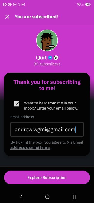 A mobile screenshot shows a subscription confirmation page for "Quit" on X (formerly Twitter) with 35 subscribers, displaying a pre-filled email field "andrew.wgmi@gmail.com" alongside a message thanking the user for subscribing, which contextualizes the post praising Quit for helping recover or save their "ape" (likely a Bored Ape NFT).