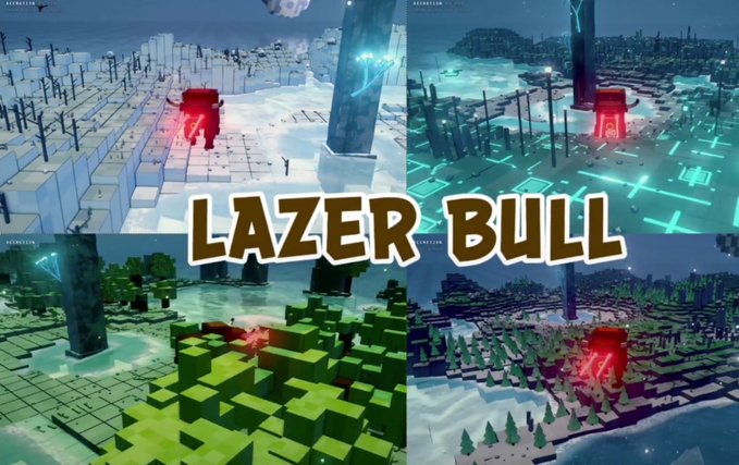 Collage of four gameplay screenshots from a voxel-based game labeled 'LAZER BULL', showcasing a red bull character with a laser attack across different biomes including snow, neon, and forest.