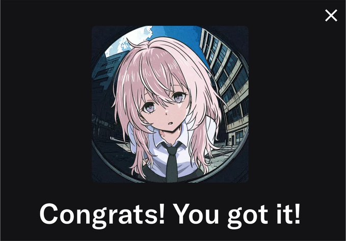An anime-style pink-haired character is displayed in a circular profile picture frame on a dark background with the celebratory text "Congrats! You got it!" written in white.