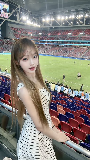 A young woman with long blonde hair in a striped dress poses for a selfie in the stadium stands, overlooking a football match between Manchester City and Inter Milan as referenced in the OKX Wallet caption.