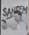 A black-and-white pencil drawing features the text "SANSEM" prominently at the top, depicting a smiling man with a beard alongside a smaller character resembling a cartoon figure. The artwork celebrates the artist's viral post reaching 120k views, serving as a heartfelt tribute to the $ANSEM community and @blknoiz06.