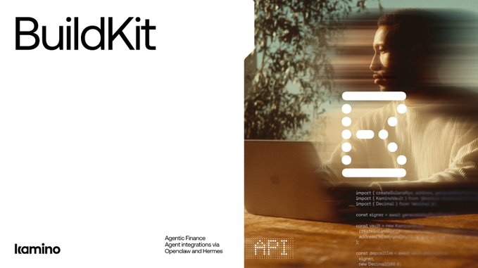 A presentation slide for 'BuildKit' by Kamino, subtitled 'Agentic Finance', showing a person at a laptop with a stylized 'B' logo overlaid.