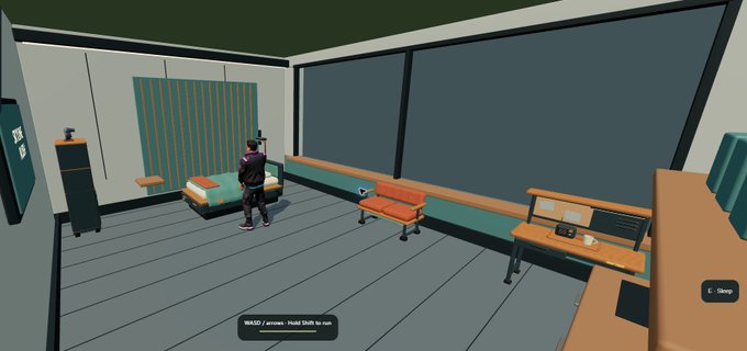 A 3D rendered scene of a room with gray walls and teal accents, featuring a character standing near a bed, an orange chair, a desk, and on-screen text reading 'HOLD / press - Hold Shift to run' and 'E Sleep'.