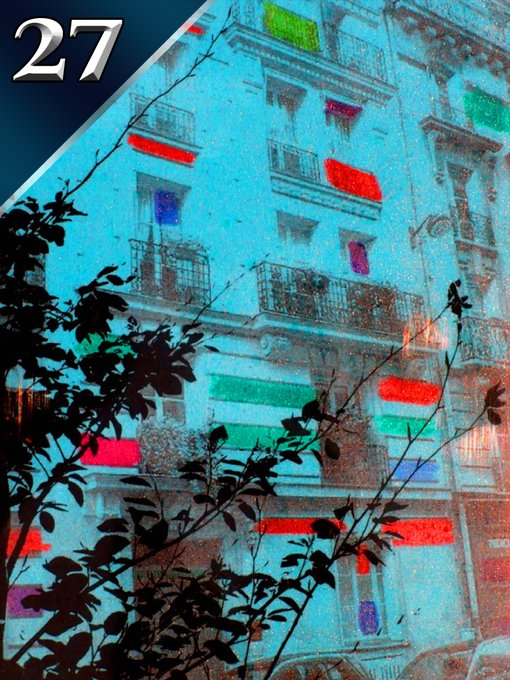 An artistic photo of an ornate apartment building at dusk with illuminated windows, framed by dark plant silhouettes in the foreground, with the number '27' displayed in the upper left corner.