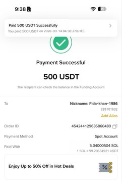 A mobile screenshot of a successful payment confirmation showing 'Paid 500 USDT Successfully' with a green checkmark, sent to nickname 'Fida-khan-1986', order ID 454244129635860480, paid via Spot Account from 5.04000504 SOL.
