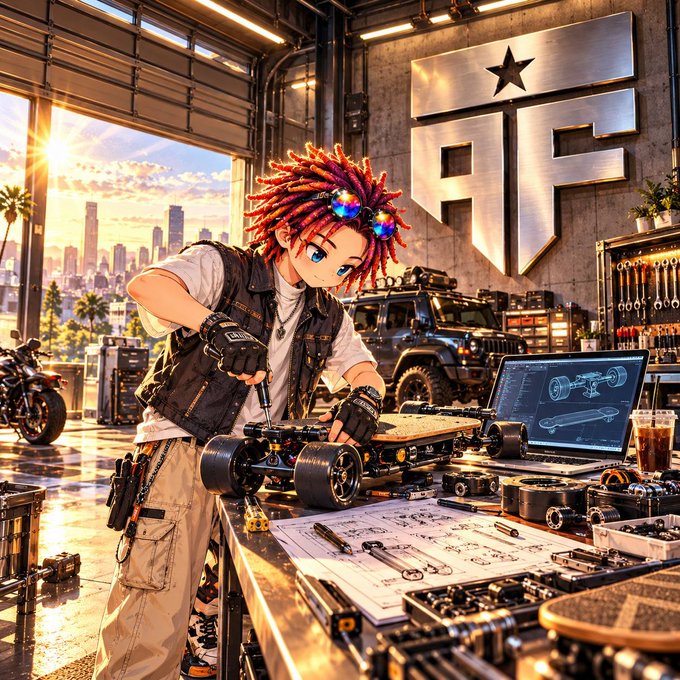 An anime-style illustration shows a red-haired character working on mechanical equipment in a detailed garage workshop with a 'GF' logo on the wall and a city skyline visible through the window.
