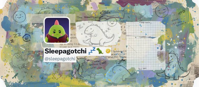 Banner for "Sleepagotchi" (@sleepagotchi) featuring a green dinosaur character wearing pajamas, with hand-drawn sketches of sleeping dinosaurs in the background.