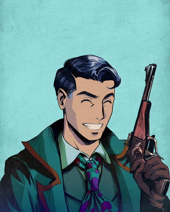 Comic book style illustration of a smiling man in a green suit with a purple-patterned tie, holding a flintlock pistol against a teal background.