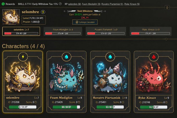 A character selection screen from a game shows four characters: selombre Lv.7 (lightning), Faum Madiglim Lv.9 (water), Ruvatro Piartamisk Lv.9 (water), and Ryke Xinsce Lv.9 (fire), with selombre displaying 10/24 XP progress.