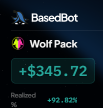 A cryptocurrency portfolio screenshot showing 'Wolf Pack' and 'BasedBot' holdings with a gain of +$345.72 and a realized percentage of +92.82%.