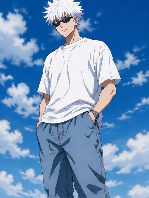 An anime-style illustration of a man with spiky white hair and a white t-shirt standing against a bright blue sky with scattered clouds.