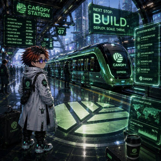 A futuristic cyberpunk scene at 'CANOPY STATION' showing a young character with red hair and goggles beside a sleek train labeled 'CANOPY EXPRESS', with digital displays showing destinations like 'AI AGENT NETWORK', 'DEFI PROTOCOL', and a 'NEXT STOP: BUILD. DEPLOY. SCALE. THRIVE.' sign.