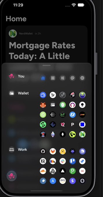 An iPhone Home screen showing the NerdWallet app post about 'Mortgage Rates Today: A Little' with the app library overlay open, displaying various cryptocurrency and other app icons.