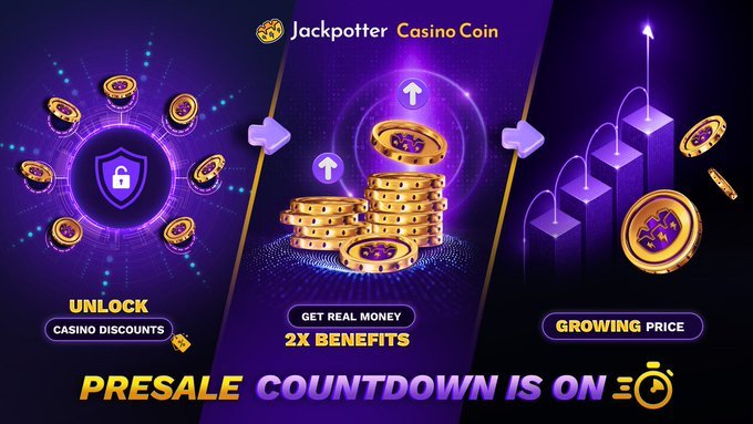 A vibrant purple promotional graphic for "Jackpotter Casino Coin" featuring three panels highlighting "UNLOCK CASINO DISCOUNTS," "GET REAL MONEY 2X BENEFITS," and "GROWING PRICE," with coins, a shield icon, and bar charts promoting a "PRESALE COUNTDOWN IS ON." The image visually reinforces the post's message by showcasing the coin's real-casino-backed utility and growth, contrasting $JPT's revenue-driven value against inflationary staking farms.