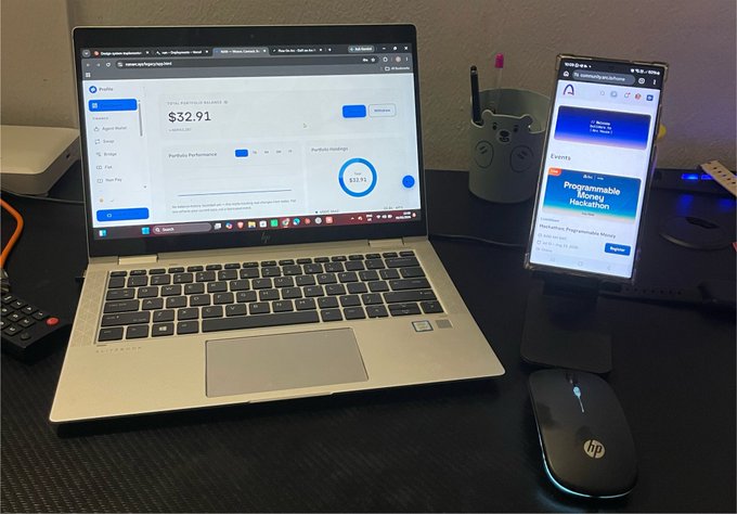 A workstation setup featuring an HP EliteBook laptop displaying a Perfomax dashboard with $32.91, alongside a smartphone showing a 'Programmable Money Hackathon' event page and an HP wireless mouse.