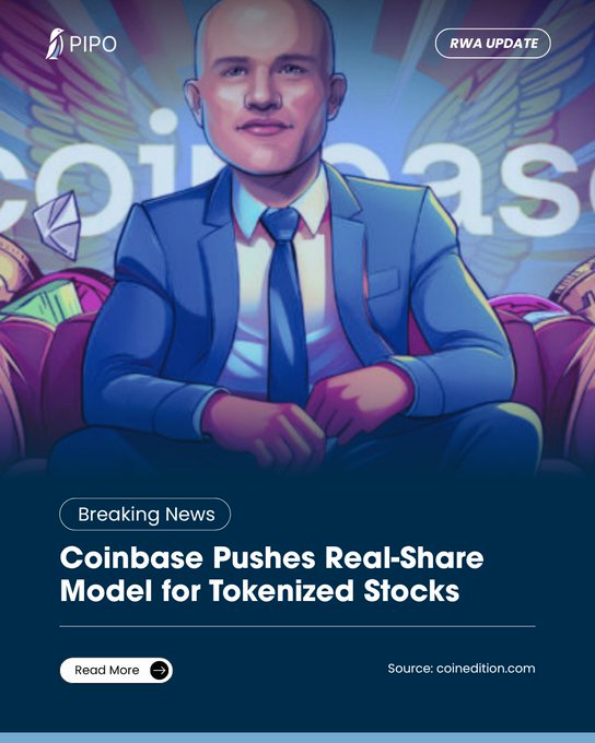 A digital news graphic with a stylized illustration of a bald man in a blue suit, branded with 'PIPO' and 'RWA UPDATE', headlining 'Breaking News: Coinbase Pushes Real-Share Model for Tokenized Stocks' from coinedition.com.
