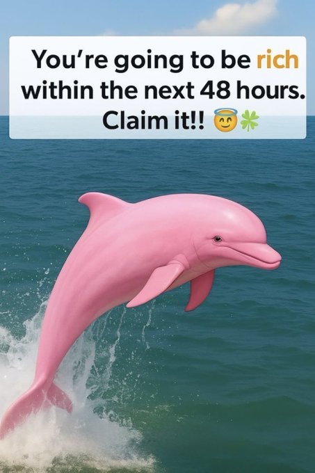 The image features a pink dolphin leaping out of ocean water beneath a text overlay reading "You're going to be rich within the next hours. Claim it!! 🤑✳️", matching the post's playful theme of manifesting wealth by commenting "888."