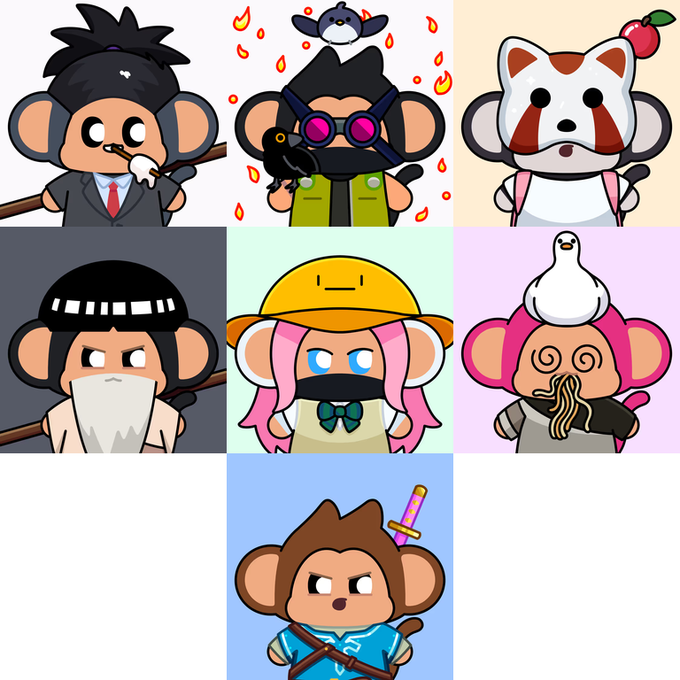 A 3x3 grid of cartoon monkey avatars in various costumes and styles, including a suited monkey with a pipe, a ninja monkey with a bird, a white cat-mask monkey, a masked swordsman, a pink-haired farmer, and a blue-haired swordsman.