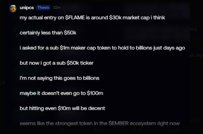 A tweet from user "unipcs" discussing their entry on $FLAME cryptocurrency, noting a sub $50k ticker and potential to hit $10m market cap within the $EMBER ecosystem.