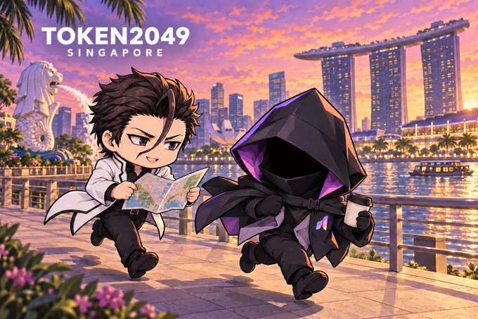 A promotional illustration for TOKEN2049 Singapore featuring two chibi-style characters—one reading a map and another wearing a hooded cloak holding a coffee cup—against a sunset backdrop of the Marina Bay Sands skyline.