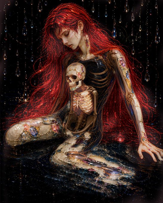 A dark, ethereal fantasy illustration depicting a woman with flowing red hair cradling a skeletal figure adorned with jewels, surrounded by floating crystalline droplets.