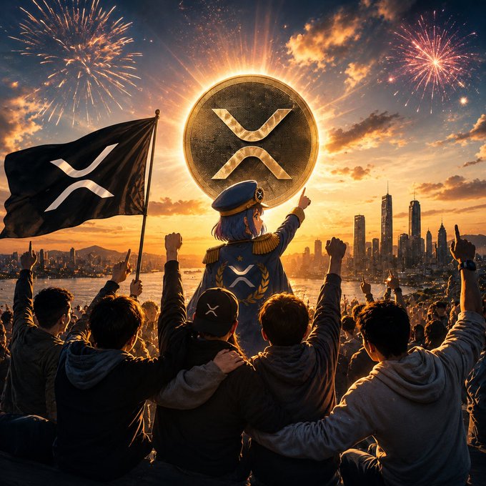 The image features a group of people gathered together at an event, all holding up flags and banners. The main focus of the scene is a large XRP coin that has been placed over the crowd's heads. The XRP coin is surrounded by numerous people who are cheering and celebrating. The atmosphere appears to be joyful and energetic as everyone comes together in support of this new cryptocurrency.