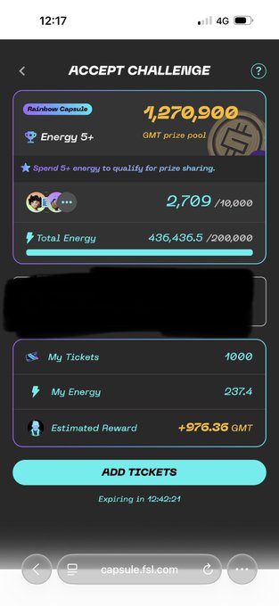 A mobile screen showing an 'ACCEPT CHALLENGE' page for a 'Rainbow Capsule' with a GMT prize pool of 1,270,900, displaying my tickets, energy, and estimated reward.