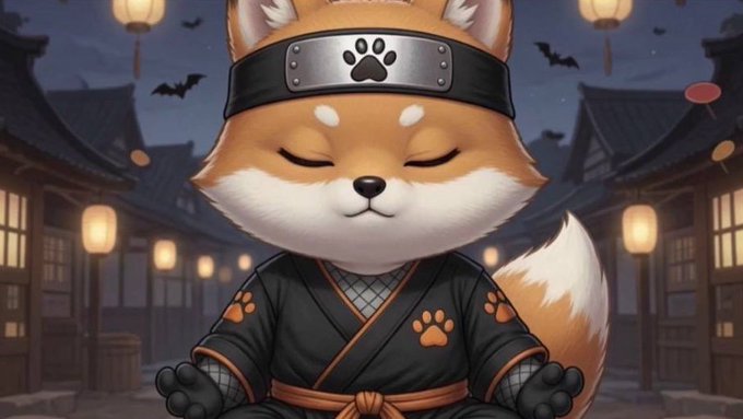 A chibi-style Shiba Inu dressed as a ninja in a black robe and headband meditating in a Japanese village with lanterns.
