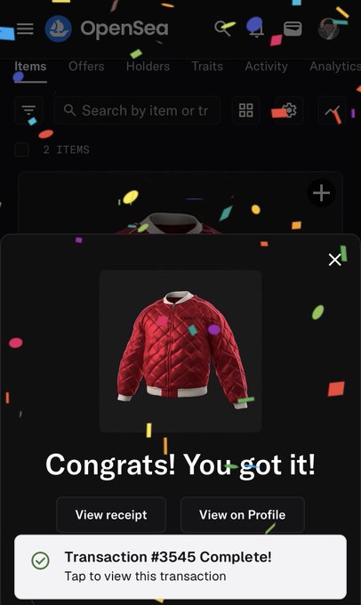 A screenshot of the OpenSea NFT marketplace displaying a successful purchase confirmation ("Congrats! You got it!") for a red quilted jacket NFT, tied to the Azuki community mantra "Collectors collect. Do it for the culture. IKZ!" celebrating the collector culture.