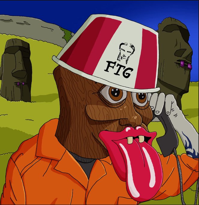 A cartoon character resembling a KFC-style bucket-headed figure with 'FIG' and a woman's face on the bucket, featuring a long red tongue, holds a phone to its ear with Moai statues in the background.