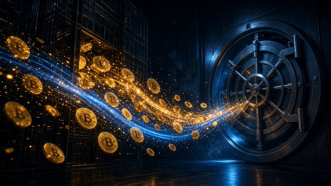 A digital artwork depicting golden Bitcoin coins flowing in a glowing stream toward a large bank vault door in a dark vault setting.