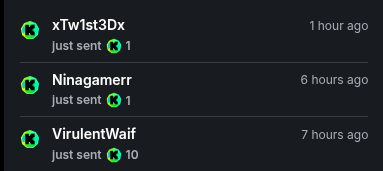 A screenshot of a messaging feed showing users xTw1st3Dx, Ninagamerr, and VirulentWaif who 'Just sent' 1, 1, and 10 green Wojak tokens respectively.