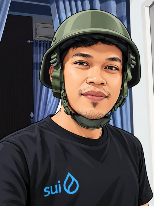 A stylized cartoon/vector illustration of a smiling man wearing a green military-style helmet and a black t-shirt featuring the blue Sui (sui) blockchain logo.