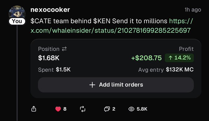 A tweet by "nexocooker" shows a trading position of $1.68K on $KEN with a profit of +$208.75 (14.2%), accompanied by a caption about a viral Pumpfun callout on $KEN and the user wanting to grow their holdings to billions.