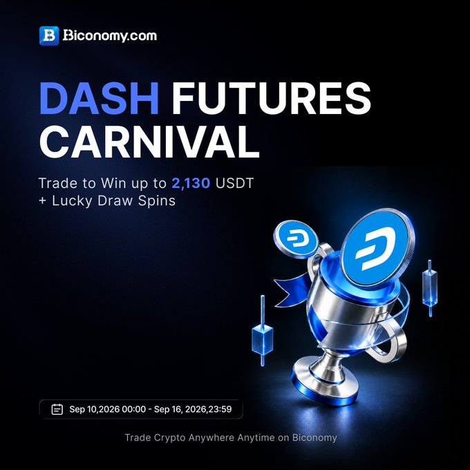 Promotional advertisement for Biconomy.com's 'DASH FUTURES CARNIVAL' event running from Sep 10 to Sep 16, 2026, offering a chance to win up to 2,130 USDT plus Lucky Draw Spins, with a metallic blue Dash token trophy graphic.