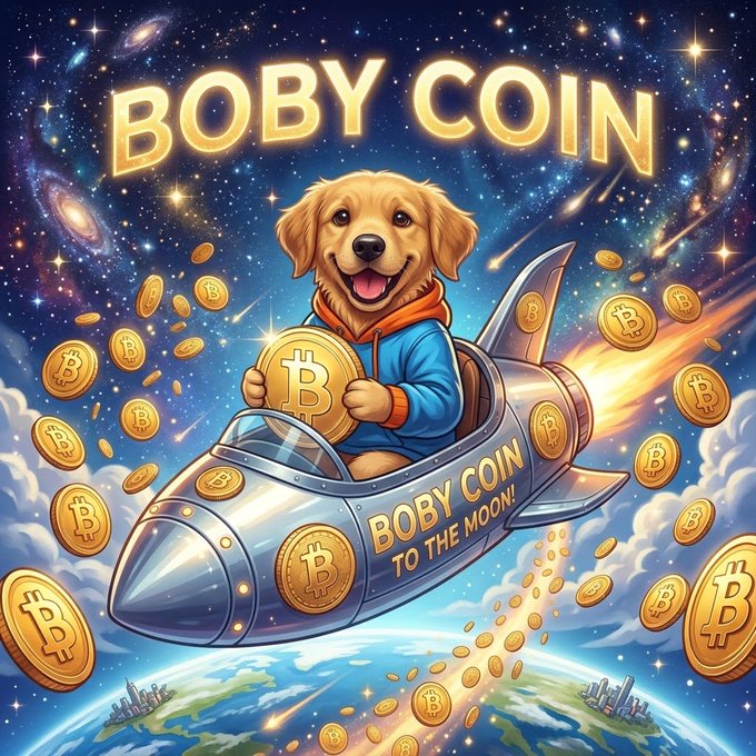 An illustrated advertisement for 'BOBY COIN' showing a golden retriever in a hoodie riding a rocket through space surrounded by Bitcoin coins, with the tagline 'BOBY COIN TO THE MOON!'.