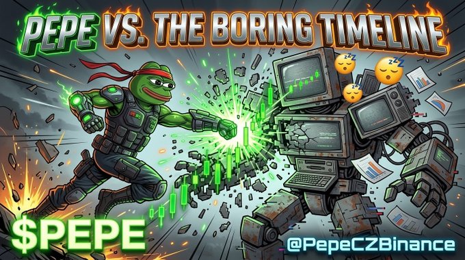 A vibrant illustration titled 'PEPE VS. THE BORING TIMELINE' showing the Pepe the Frog character in tactical gear fighting against a robot made of old monitors. The text '$PEPE' appears in the bottom left, and '@PepeCZ' is in the bottom right.