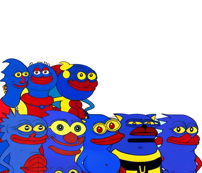 A chaotic cartoon drawing featuring various blue cat-like characters, some resembling Ugandan Knuckles memes, with red lips and yellow eyes.