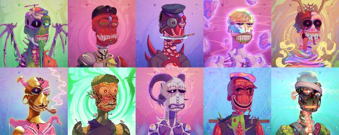 The image features a grid of twelve different Mega Zombie Apepe 1/1s from the @RareApepesNFT collection by @pepe_designer, each with unique facial expressions and costumes. The art style is vibrant and colorful, making the characters stand out against the gray background. The post suggests that these characters are worth discussing due to their distinctiveness and artistic value.