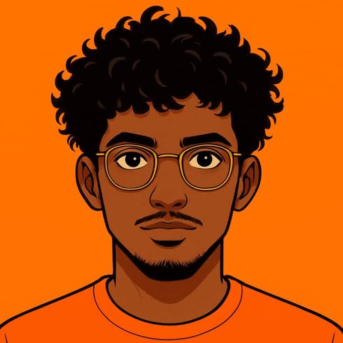 A digital illustration of a young man with dark curly hair, glasses, a small beard, and an orange shirt against a solid orange background.