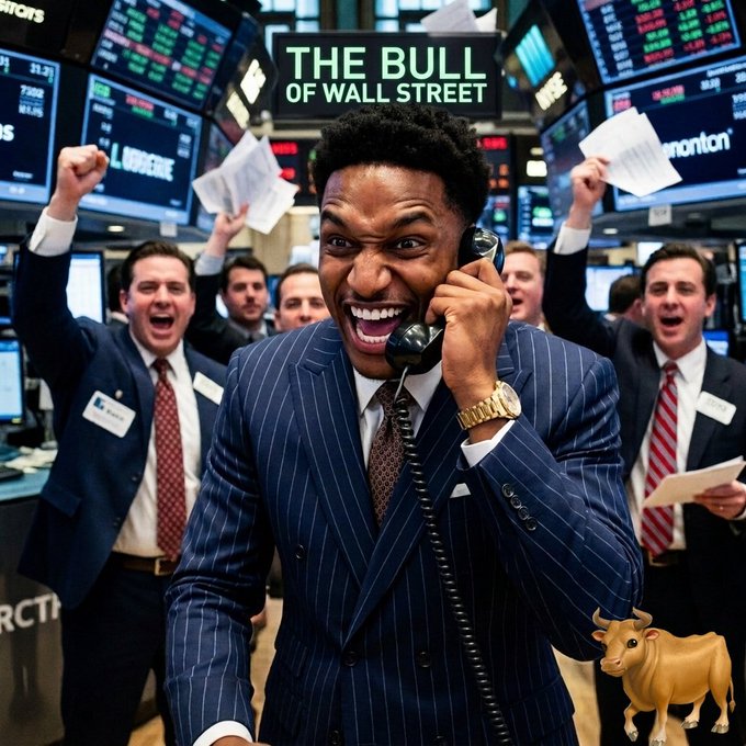 A dramatic scene of an excited trader on the phone at a stock exchange floor with the text 'THE BULL OF WALL STREET' above, surrounded by cheering colleagues and screens, with a cartoon bull in the corner.