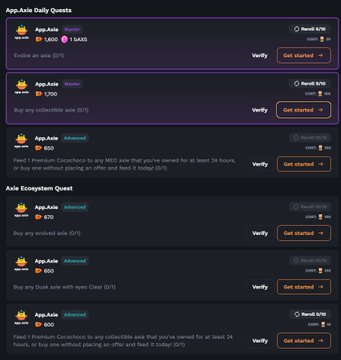 A screenshot of a crypto task interface titled 'App.Aisle Daily Quests' and 'Axie Ecosystem Quest', listing quests like 'Evolve an Axie' and 'Buy any collectible' with reward amounts in AXS tokens.