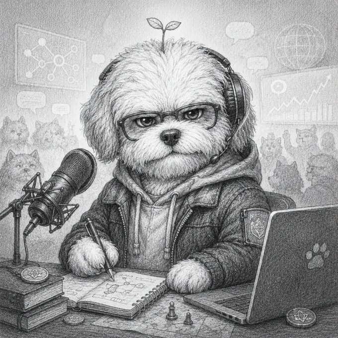 A pencil-style illustration depicts a small white dog wearing glasses and a hoodie, sitting at a desk with a microphone, laptop, and chess pieces, with faint cat silhouettes in the background.
