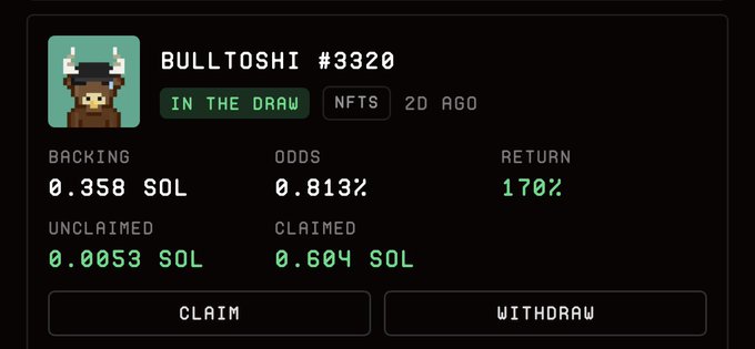 A betting interface for BULLTOSHI #3320 showing it is "IN THE DRAW" with 0.358 SOL backing, 0.813% odds, and 170% return.