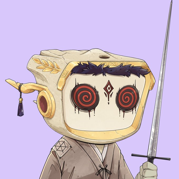 Anime-style illustration of a character with a blocky, stone-like head featuring hypnotic red spiral eyes, wearing traditional robes and holding a katana.