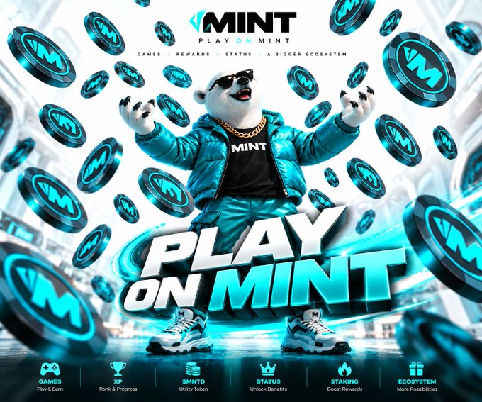 A promotional graphic for 'PLAY ON MINT' features an anthropomorphic polar bear wearing a blue jacket and sunglasses, surrounded by floating MINT coins, with categories like GAMES, XP, $MNTD, STATUS, STAKING, and ECOSYSTEM at the bottom.