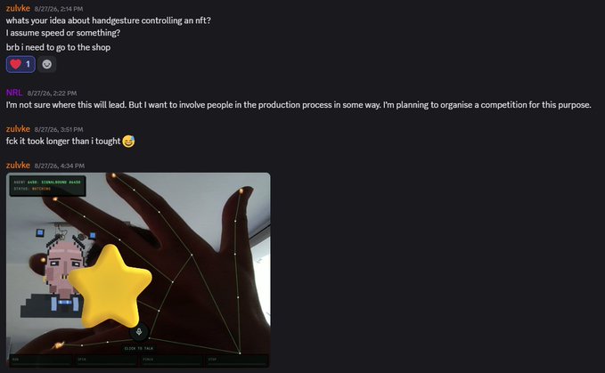A Discord conversation discussing hand gesture control for NFTs, showing a user's message 'whats your idea about handgesture controlling an nft? I assume speed or something? brb i need to go to the shop' followed by others and an image of a hand tracking interface with a yellow star graphic.