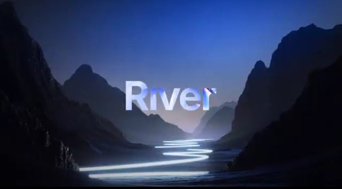 A dark, atmospheric landscape showing a mountain valley at twilight with the text 'River' displayed prominently in white over a glowing river.